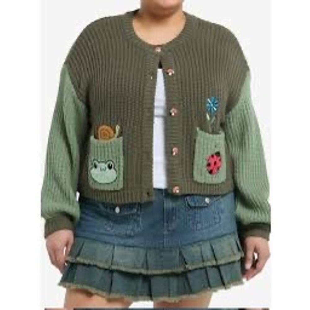 Sweet Society Hot Topic Green Color-Block Snail Mushroom Girls Crop Cardigan M